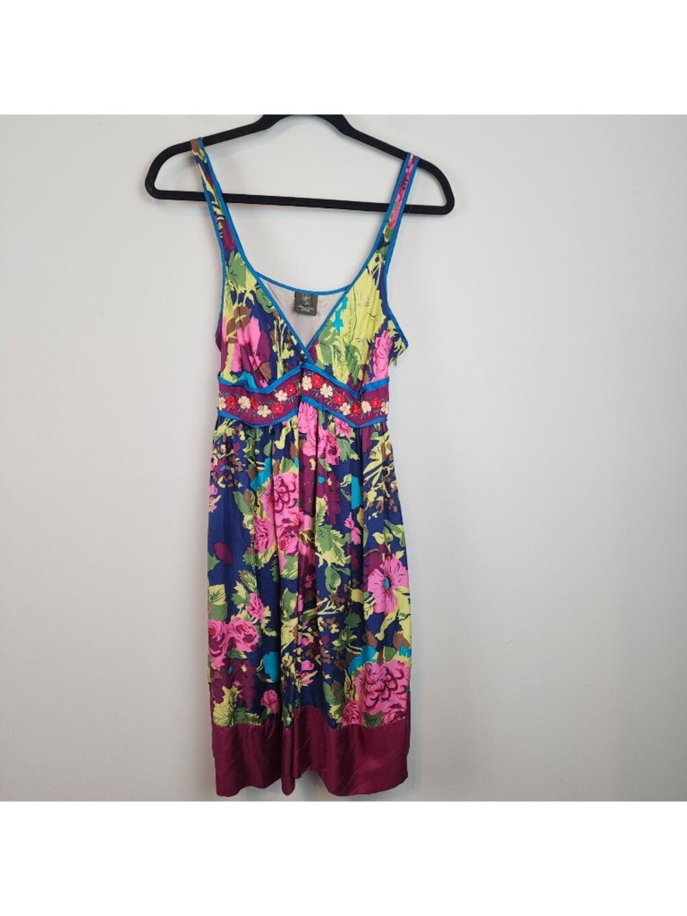 Anthropologie Fei Silk Babydoll Dress sz M Boho Artsy Embroidered Summer Floral